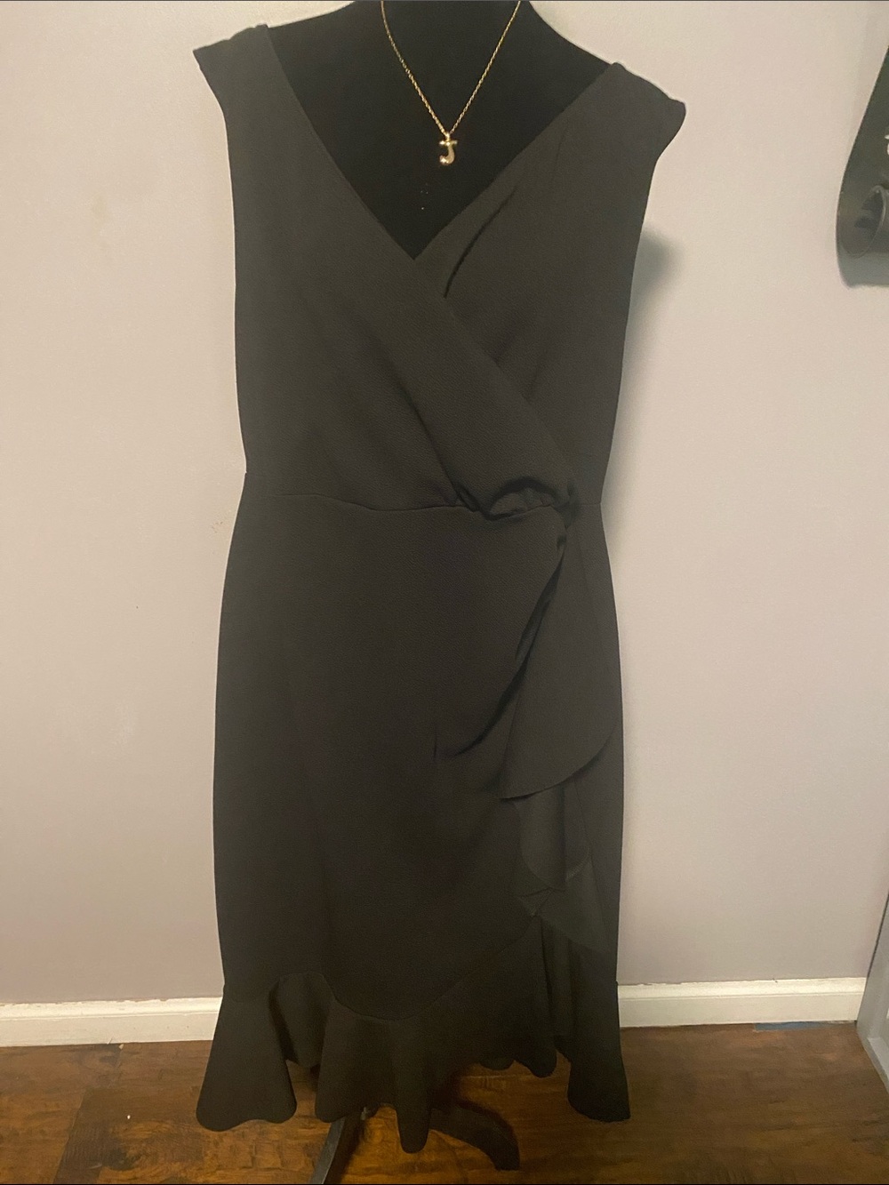 Boohoo Black Wrap Midi Dress with Ruffle Hem
